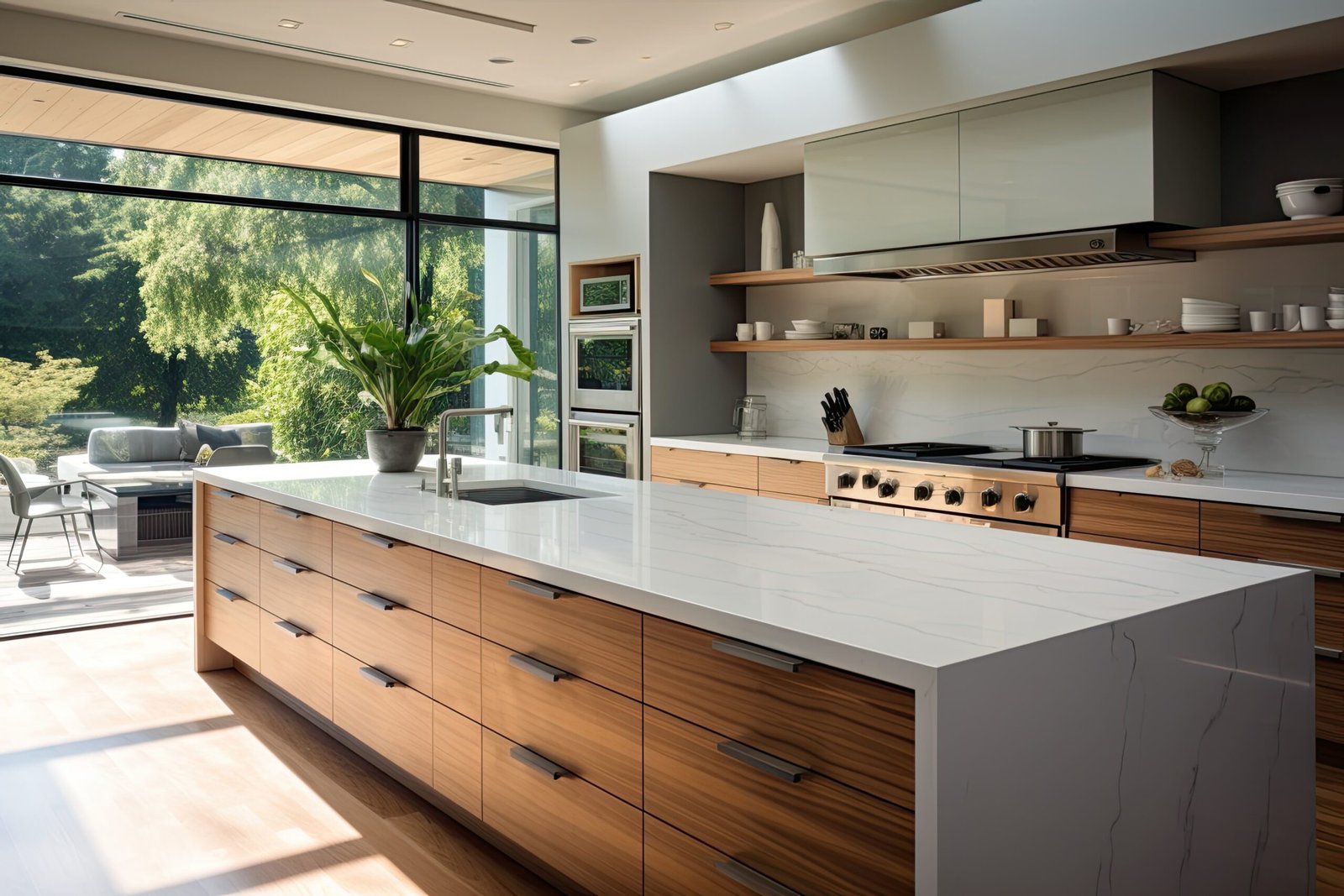 A contemporary kitchen design that includes a window.