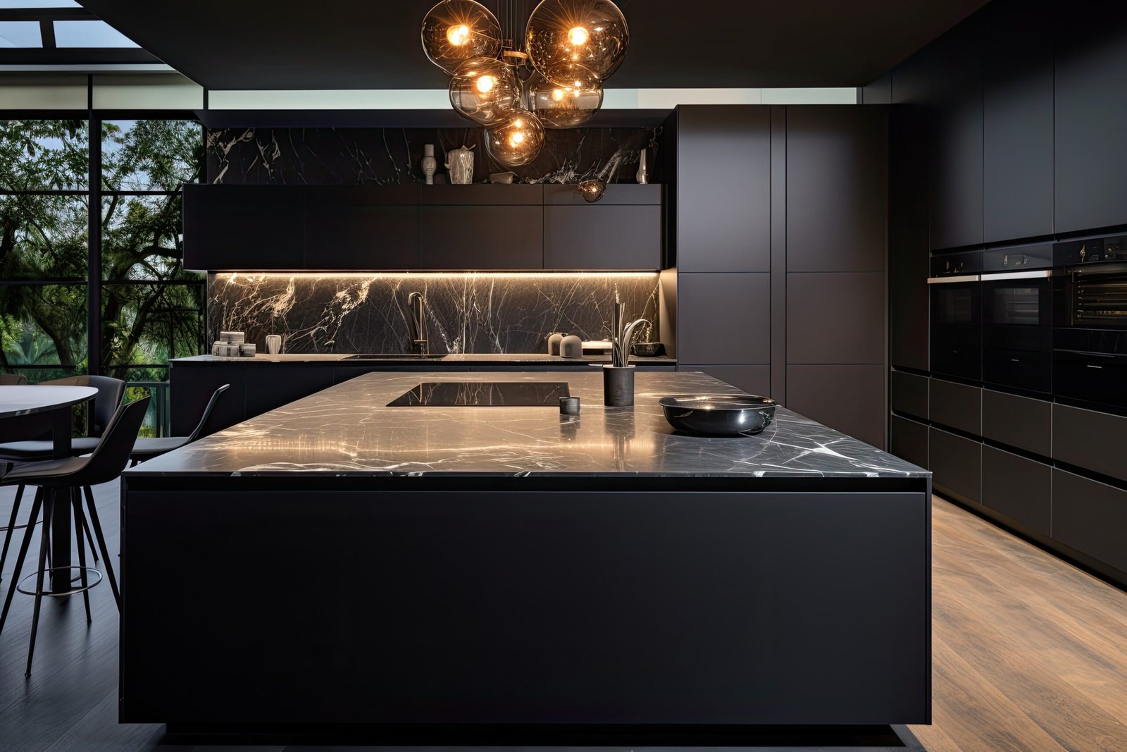 A contemporary kitchen with sleek cabinets without handles, featuring black edges and black glass appliances. The kitchen includes a stylish marble island and countertops.